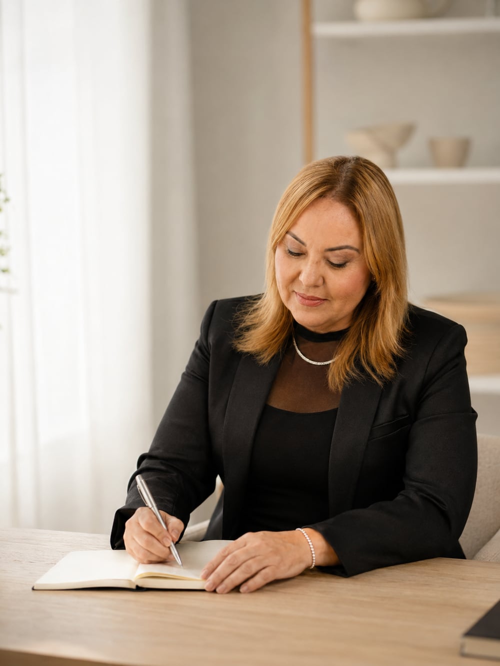 Kelma escrevendo em um caderno aberto sobre a mesa